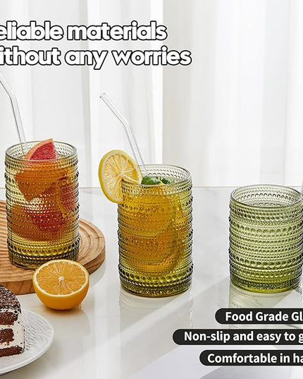 Vintage Hobnail Drinking Glasses Set of 12, 15 oz Highball Glasses & 12 oz Cocktail Glasses Set, Green Kitchen Water Glasses Cup, Bar Tumbler Glassware Set for Beer, Juice, Whiskey, Milk