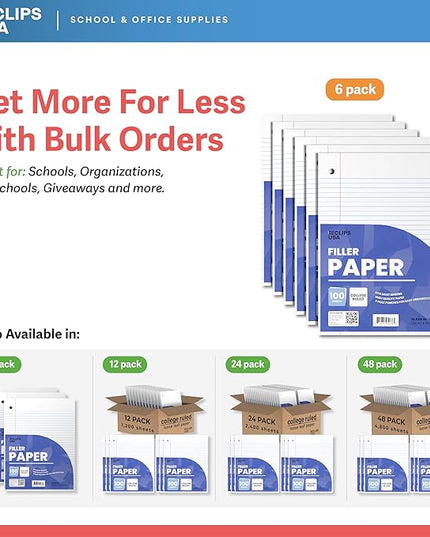 Loose Leaf Paper College Ruled Notebook Paper College Ruled Lined Writing Filler Paper 10.5” x 8” 600 Sheets 100 Sheets Per Pack 60 gsm (6 Pack)