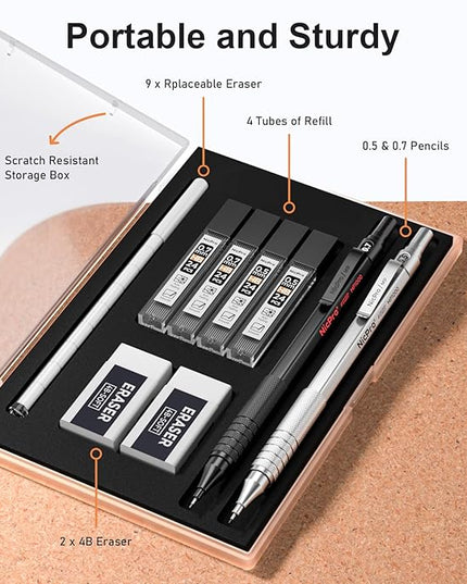 Nicpro 2 PCS Mechanical Pencils 0.5mm & 0.7 mm with Case, MP1000 Metal Artist Pencil Set with 4 Tubes HB Lead Refills, 2 Erasers, 9 Eraser Refills For Art Writing Drafting Drawing, Black & Silver