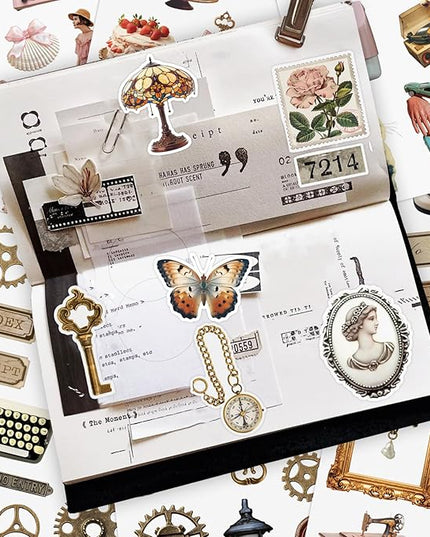 PRSTINCOL Vintage Sticker Book with 30 Pages and 300+ Aesthetic Stickers for Scrapbooking Supplies and Retro Bullet Journal