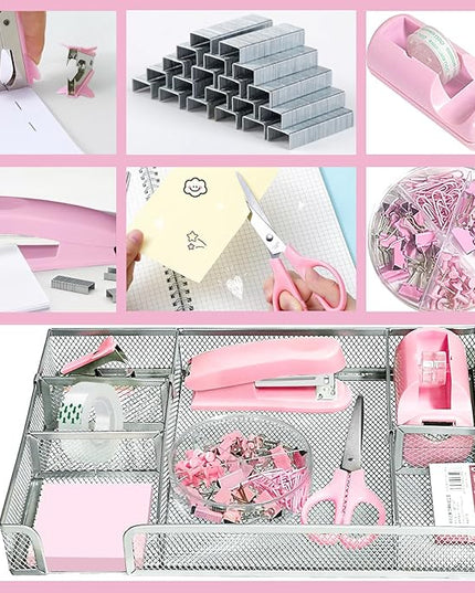 Pink Office Desk Accessories, Pink Office Supplies Set, Desk Drawer Organizer,Stapler and Tape Dispenser Set,Tape,Staple Remover, Staples, Paper Clips, Scissor and Sticky Note
