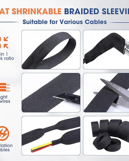 FOURUB 2:1 Heat shrinkable Braided Sleeving Fabric Wire Loom High Temp Heat Shrink Wiring Harness Abrasion Protector Cable Sleeve (3/8"-27ft)