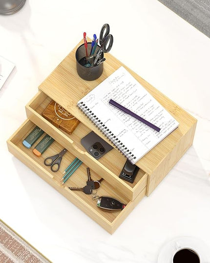Bamboo Desk Organizer with Drawers - Small Desktop Storage Container for Countertop & Tabletop - No Assembly Required