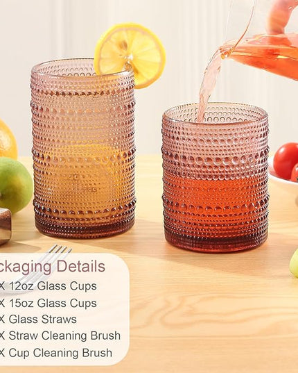 Vintage Glassware Drinking Glasses Set of 12,Purple 12oz & 15oz Hobnail Glass Cups,Embossed Water Tumbler,for Beer,Cocktail,Whiskey,Juice and Various Mixed Drinks- 1 Cleaning Brush