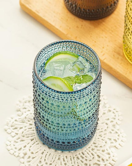 Vintage Glassware Set - 4pcs Multicolor 15.2oz Hobnail Drinking Glasses for Beer, Cocktail, Soda & Juice - Embossed Old Fashioned Glassware with Four Unique Colors
