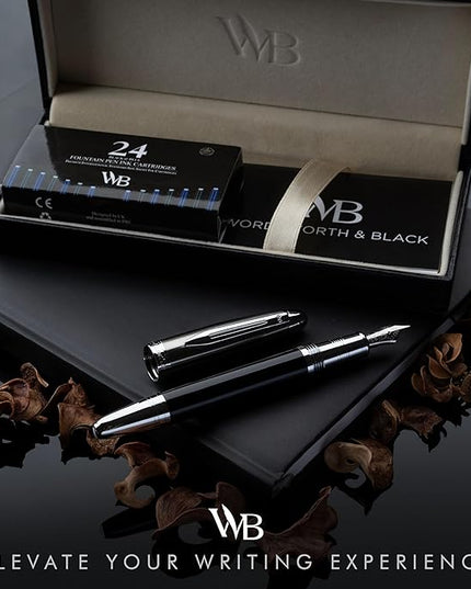 Wordsworth & Black Majesti Fountain Pen-(Black Chrome), Luxury Case, Stainless Steel; Medium Nib- Ink Cartridges, Refillable Ink Converter-Calligraphy Pen-Best Business Gift Set for Men & Women