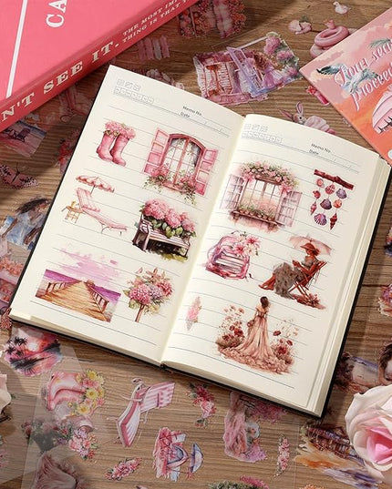 Auguro PET 20 Sheets 120 Pre-Cut Summer Stickers for Scrapbooking People Beach Scrapbook Sticker Transparent Stickers for journaling Junk journaling Supplies
