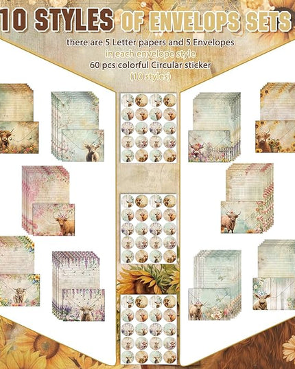 TaoBary 160 Pcs Stationery Paper Set 50 Double Sided Stationery Papers with 50 Matching Envelopes and 60 Round Dot Sticker, 10 Design(Floral Highland Cow,5.5 x 8.25 Inch)