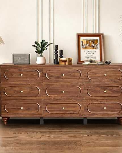 9 Drawer Fluted Dresser for Bedroom, Mid Century Modern Chest of Drawers, Wood Storage Small Dresser Organizer for Bedroom Living Room Hallway Closet, Walnut