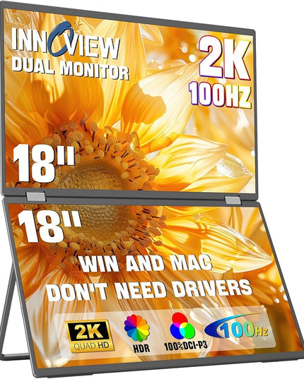 InnoView 18" 2K 100Hz Dual Portable Monitor 100% DCI-P3 Dual Monitor 315°Adjustable Screen Extender for Windows Mac Laptop with Speakers Type-C HDMI DP Foldable 2560x1600 Monitors (No Driver Needed)