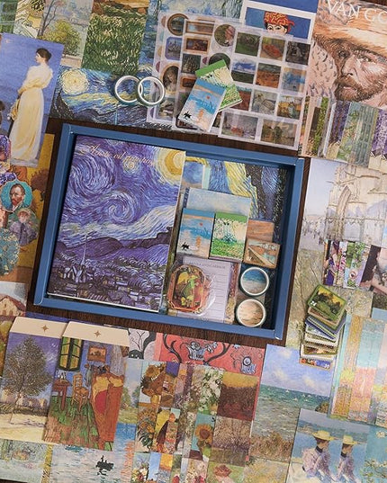 Scrapbooking Supplies Kit Plus 480Pcs, Vintage Van Gogh Oil Painting Aesthetic Scrapbook Kit for Bullet Junk Journal, DIY Journaling Supplies, Stationery, A5 Grid Notebook, Craft Gift Kid Girl
