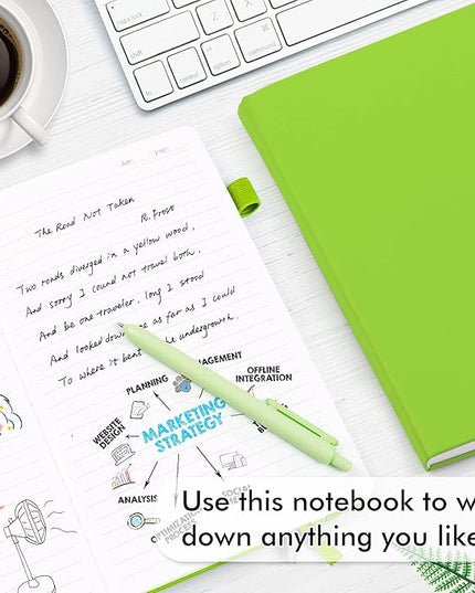 feela 12 Pack Notebooks Journals Bulk, Hardcover Notebook Classic Ruled Lined Journals with Pen Holder for Women Girls School Business Supplies, with 12 Black Pens, 120 GSM, 5.1”x8.3”, A5, Green