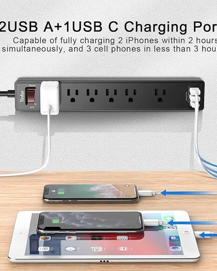 20Ft Power Strip Surge Protector - Yintar Extension Cord with 6 AC Outlets and 3 USB Ports for Home, Office, Dorm Essentials, 1680 Joules, ETL Listed, Black
