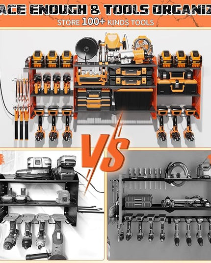 45" Large Power Tool Organizer Wall Mount with Charging Station - 3 Layer Storage Racks with 8 Cordless Drill Holder, 4 Hooks, Heavy Duty Garage Tool Organizer Storage for Workshop Pegboard Basement