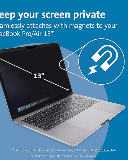 Kensington MP13 Magnetic Macbook Pro Privacy Screen for 13 inch (2016-2022, M1, M2)/ Macbook Air 13 inch (2018-2021, M1), Removable Laptop Privacy Filter, Macbook Mac Screen Protector, K64490WW