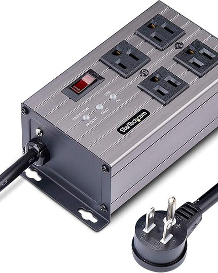 StarTech.com Flat Plug 4-Outlet Heavy Duty Industrial Power Strip 125V/15A with Surge Protector, EMI/RFI Isolation, Mountable PDU, 8ft/2.4m Extension Power Cord, NEMA 5-15P/R, TAA