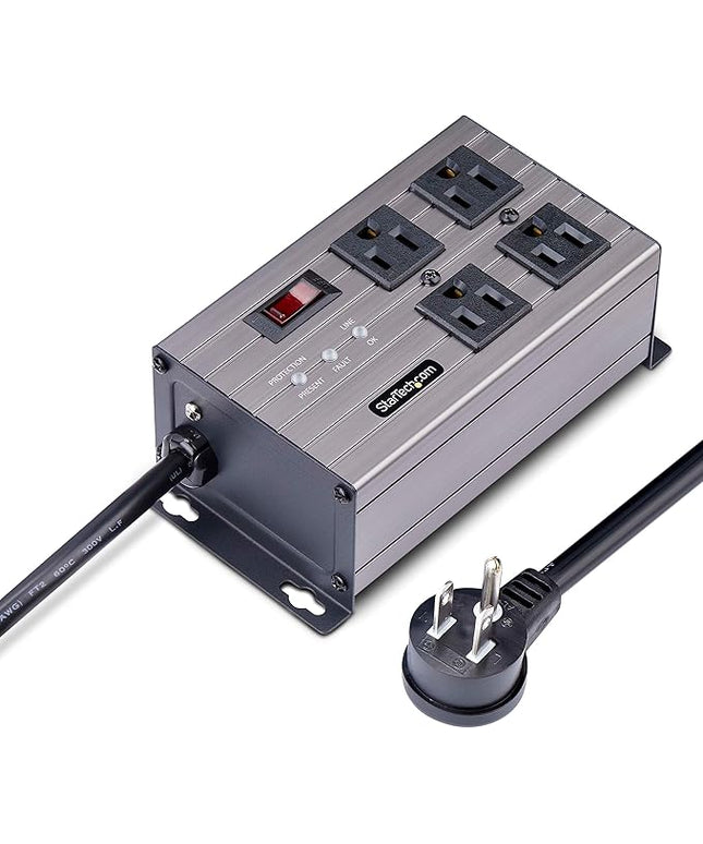 StarTech.com Flat Plug 4-Outlet Heavy Duty Industrial Power Strip 125V/15A with Surge Protector, EMI/RFI Isolation, Mountable PDU, 8ft/2.4m Extension Power Cord, NEMA 5-15P/R, TAA