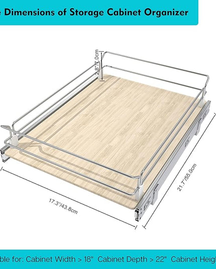 Pull Out Cabinet Organizer 18" W X 22" D, Slide Out Drawers For Kitchen Organizers and Storage, Pull Out Drawers For Cabinets Capacity Heavy Duty Caddy, Cabinet Shelves Wood Chrome, Pantry Storage