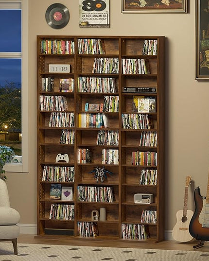 LELELINKY 11 Tier Tall Display Cabinet, Brown Media Storage Cabinet with Adjustable Shelves, Free Standing DVD Organizer Shelf, Floor Multimedia Storage Manga Bookshelf for Living Room & Home Office.