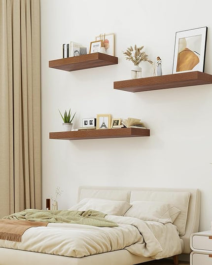 12" Deep Walnut Floating Shelves,Over Toilet Long Wall Mounted Modern Farmhouse 36 inches,Wall Shelves with Invisible Brackets for Bedroom, Bathroom, Living Room, Kitchen, Set of 1
