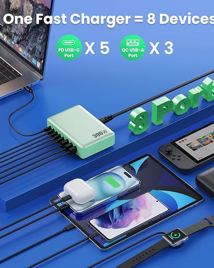 USB C Charger 300W USB C Charger Block, 8-Ports GaN IV Fast Charging Station Hub,PD 100W Laptop Charger Adapter,for MacBook Pro/Air/iPad/iPhone16/15/14/Apple Watch/DELL/Samsung for Home Office