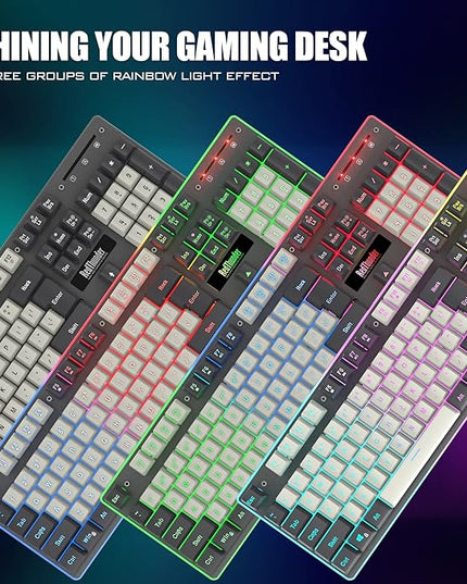 RedThunder K10 Wireless Gaming Keyboard and Mouse Combo, LED Backlit Rechargeable 3800mAh Battery, Mechanical Feel Anti-ghosting Keyboard + 7D 3200DPI Mice for PC Gamer (White-Gray)