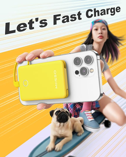 miisso 6000mah Ultra Slim Built in Cables Power Bank, Card Size Built in USB C Cords Battery Pack Portable Charger for Phones, 3 Output External Battery Pack Compatible with iPhone, Yellow