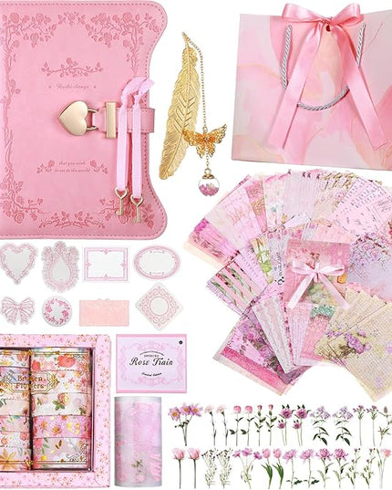 Janlaugh DIY Journal Diary with Lock Set Scrapbook Kit Stationary Diary Supplies Art Crafts Kit for Birthday Holidays Ideal Gifts for Women Teen Girls(Pink,Classic)