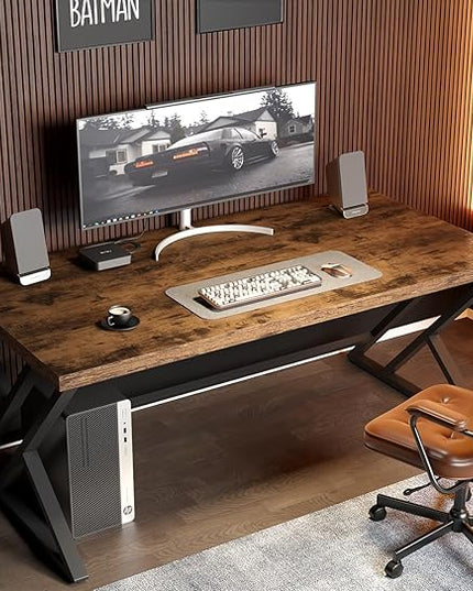LVB Rustic Computer Desk, Metal Wood Home Office Desk, Industrial Simple Study Executive Desk for Writing Work, Wooden Student Gaming Computer PC Table with Storage for Bedroom, 55 Inch, Rustic Brown