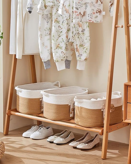 Storage Bins Woven Baskets for Storage Set of 3, Cotton Rope Basket with Handles for Toys/Shelves/Laundry, Rectangle Multi-Purpose Organizer for Living Room, Bedroom, Nursery (Giraffe)