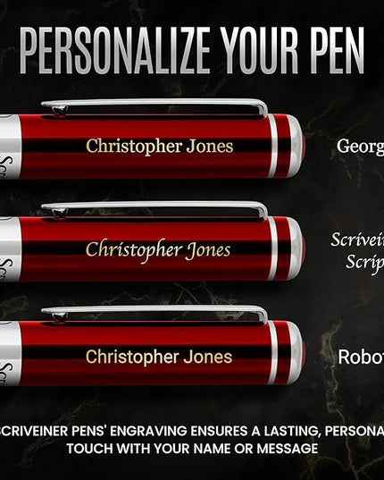 Scriveiner Personalized Deep Crimson Red Pen - Stunning Red Lacquer Luxury Pen with Chrome FinishGerman Schmidt Nib (Medium), Best Engraved Fountain Pen Gift Set for Men & Women, Name Engraving