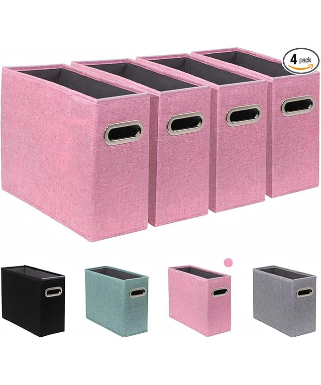 4 Pack Letter Size File Storage Box Collapsible，Fabric Hanging File Folders Organizer, Portable Office Document Holder with Metal Handle, Smooth PVC Rails, Pink