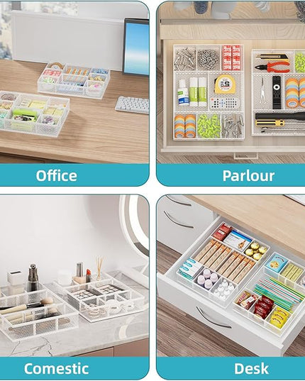 Marbrasse 2 Pack Desk Drawer Organizer, Mesh Drawer Organizer Tray with 8 Adjustable Compartments, Desk Organizers and Accessories, 5 Dividers for Office Supplies, Makeup & Vanity (White)