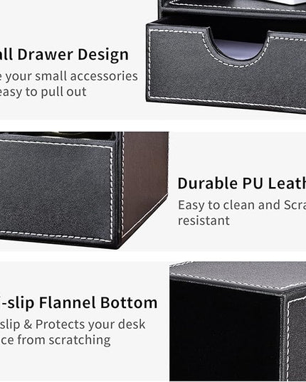 KINGFOM Pu Leather Desk Organizer Pen Pencil Holder Office Supplies Caddy Storage Box 6 Compartments with Drawer Black