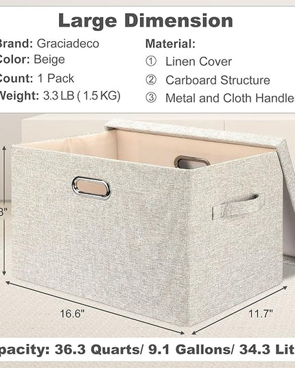 Large 17 36 Quart Collapsible Stackable Storage Bins with Lids, 1 Pack Beige Foldable Fabric Closet Storage Boxes with Lids, 4 Handles Toy Heavyduty Dark Gray Linen Storage Cube Box