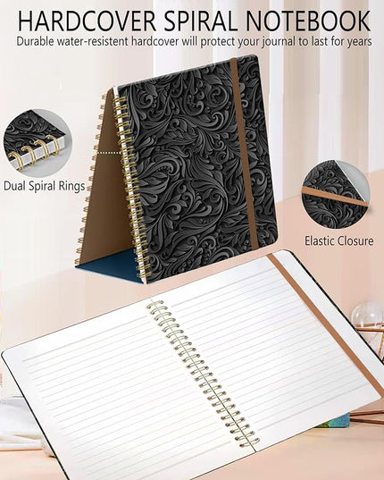 Spiral Journal Notebook, A5 Cute Notebooks for Women Men, College Ruled Hardcover Notebook for Work & Note Taking, 60 Pages Double-Wire Journals for Writing, Luxury Black Flowers