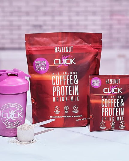 Click Coffee Protein Powder | Double Shot Espresso | 16g Protein | 23 Essential Vitamins | Low Calorie Meal Replacement | 150mg Caffeine | Gluten Free | No Artificial Flavors or Colors | Hazelnut