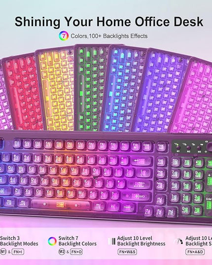 Purple Light Up Keyboard and Mouse Wireless,Cute 2.4Ghz Cordless Rechargeable Transparent Backlit Keyboard,15 Backlight Effects,Volume Knob,RGB Mouse with 3 DPI for Mac Computer PC Laptop Desktop iPad