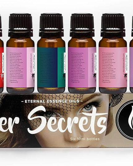 Eternal Essence Oils Her Secrets Set of 6 Premium Fragrance Oils - Includes Pretty, Dark Embrace, Forever Yours, Secret Crush, Pink Splash, and Sugar Kiss Scents Scented Oils - 10ML