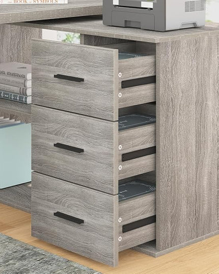 HSH 360° Rotating L Shaped Computer Desk with 3 Drawers and 2 Shelves, Home Office Swivel Desk for Work Writing Study Gaming, Reversible Wood Corner Desk with Storage Cabinet, Light Grey Oak, 55 Inch