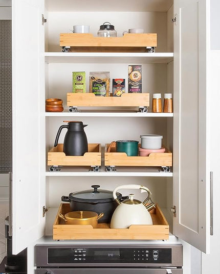 HOLDN’ STORAGE Bamboo Wooden Pull out Cabinet Organizer 11" W x 20" D - Requires At Least a 12.25" W x 21" D. Cabinet Opening. W/Lifetime Limited Warranty. Bamboo Tray and Heavy gauge metal rails.