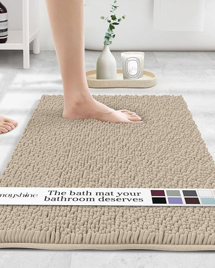 MAYSHINE Plush Shaggy Chenille Bath Mat | Extra Soft, Super Absorbent, Non-Slip Bathroom Rug | Fluffy Microfiber, Area Rug Sets for Bathroom Floor, Kitchen, Living Room | 24"x17" | Beige