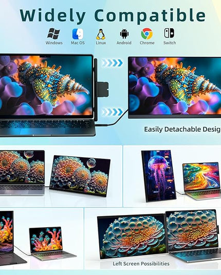 ROYY Laptop Screen Extender Dual Monitor - 15.6" Portable Monitor 85% NTSC IPS 1080P FHD Detachable Screen Extended Extra USB-C/HDMI Port Compatible with Wins Mac Dex Chrome Fits 13"-17" Laptops