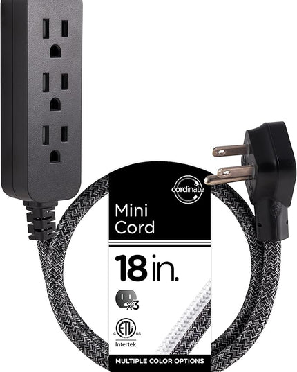 Cordinate Designer Mini 3-Outlet Power Strip, 18 in Braided Extension Cord, Grounded Adapter, Low-Profile Flat Plug, ETL Listed, Black/Dark Heather, 47298