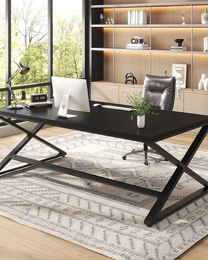 IBF Large Black Computer Desk, 70.8” Long Writing Desk for Home Office, Modern Simple Executive Work Study Desk for Two Person, Wood Double PC Gaming Workstation Computer Table for Bedroom, Black Oak