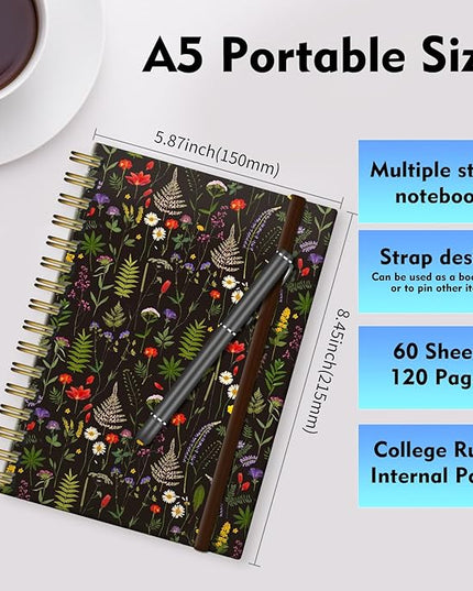 Spiral Journal Notebook, A5 Cute Notebooks for Women Men, College Ruled Hardcover Notebook for Work & Note Taking, 60 Pages Double-Wire Journals for Writing, Cute Boho Flowers