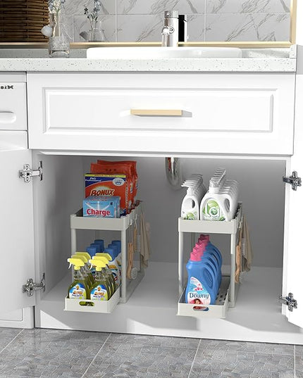 2PC Under Sink Organizer Rack 2 Tier Under Sliding Cabinet Basket Organizer Drawer with 4 Hooks, Multi-purpose Under Sink Storage for Bathroom Kitchen Desktop（White）