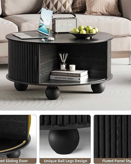 JOINICE Black Round Coffee Table with Storage, 31.5" Fluted Drum Center Table with Sliding Door, Modern Farmhouse Wood Circle Table with Bun Feet for Living Room