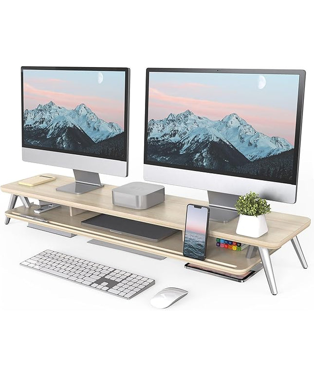 Fenge Dual Monitor Stand, Monitor Stands Riser for 2 monitors, 42.5 Inch Wood Desk Shelf with Storage Organizer and Cable Management for Office Desk Accessories