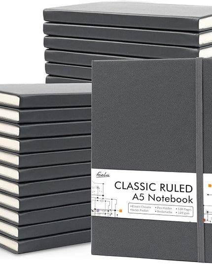 feela 24 Pack Journal Notebook for Work, Business Notebook Bulk Hardcover Lined Writing Journal with Pen Holder for Men Women Note Taking, with 24 Black Pens, 120 GSM, 5.1”x8.3”, A5, Gray